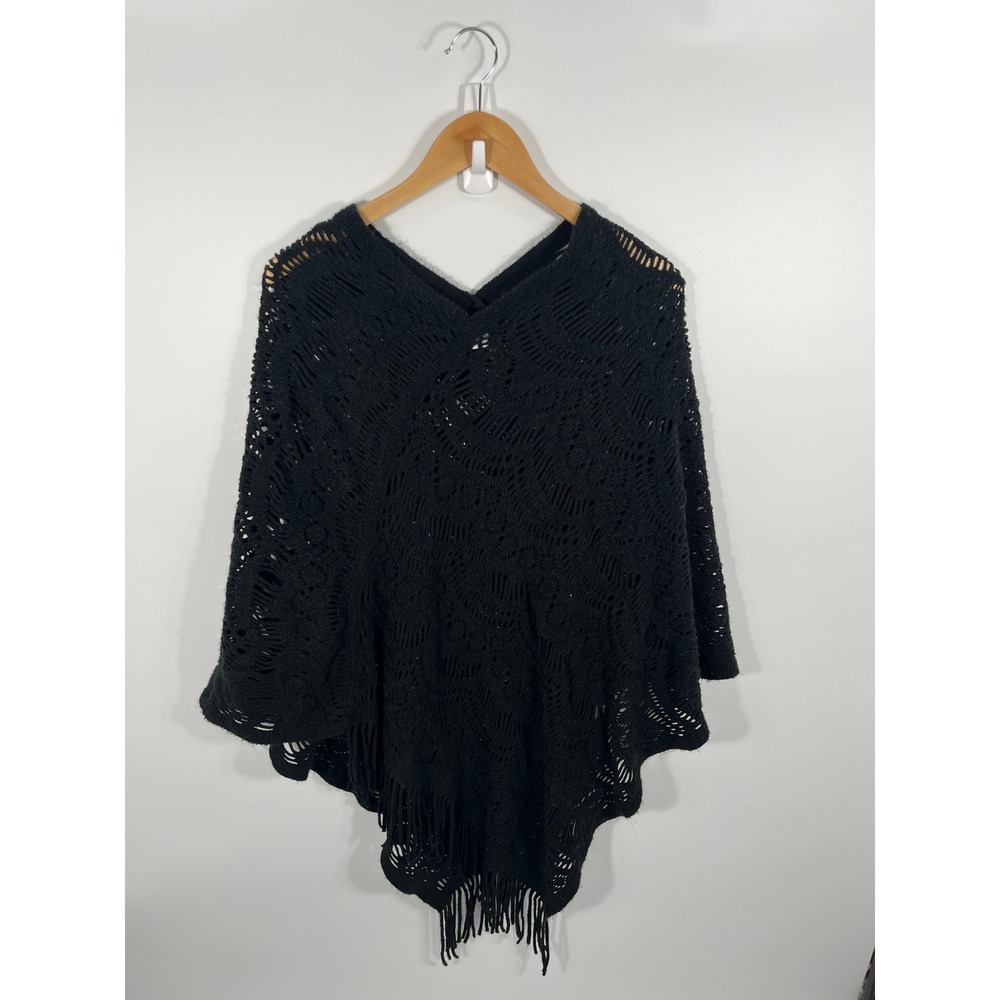 Vintage Women Knit Poncho ONE SIZE Black Fringe Boho Chic Western Rodeo Festival